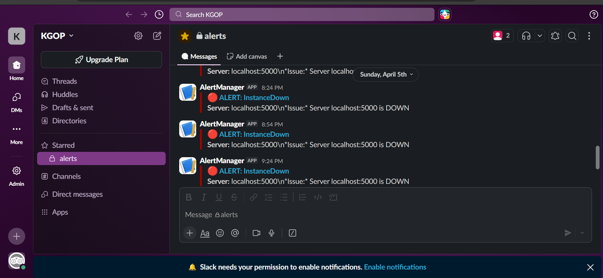Slack alert firing notification