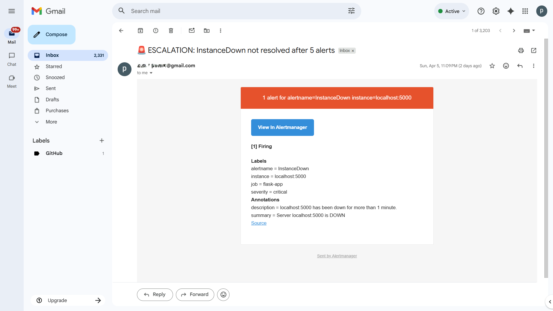 Email escalation received in Gmail